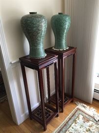 Pair of Decorative Celadon Vases on Rosewood Stands