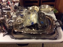 Silver plate trays, various serving pieces