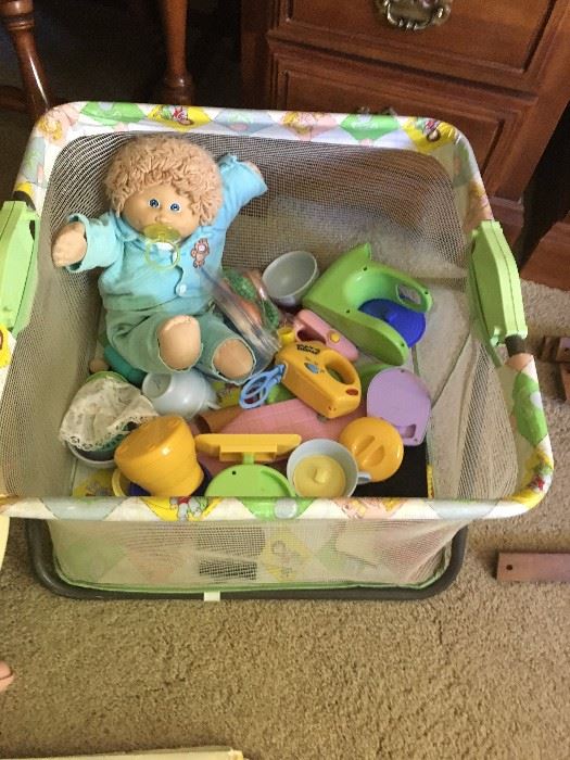 Cabbage Patch dolls, playpen, misc. toys