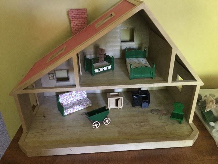 vintage doll house with metal furniture