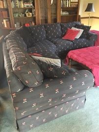 Plunkett sectional, navy blue with cherry pattern