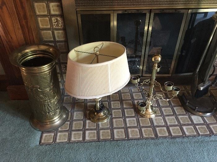 Brass umbrella stand, lamp, candleholder
