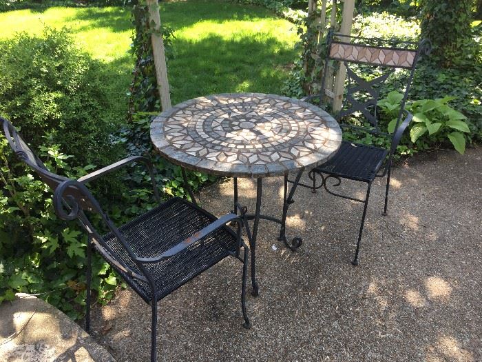 Mosaic stone bistro set with 2 metal chairs