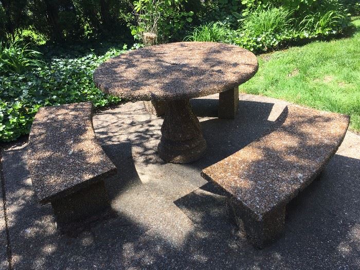 Aggregate stone patio table and benches.  Pre-sale $250