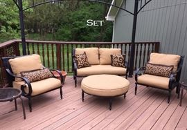 16pc Better Homes & Gardens 'Englewood Heights' Outdoor Conversation Patio Set - Black Metal w/ Beige UV-resistant Fabric Cushions: 2 Oversized Lounge Chairs, 1 Loveseat, 1 Circular Ottoman / Stool, Cushions & Decorative Pillows. Retail Was $798.00.