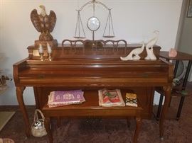 Cable-Nelson by Everett Piano Company, balance scales clock, ceramic eagle, and more.