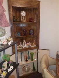 Corner cabinet with shelves & closed cabinet, vases including Fenton, and MUCH MORE glass!