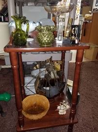 Small table, Blenko small pitcher, Fenton, & more
