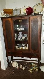 Antique curio with vintage plates, cups/saucers, glasses, and MUCH MORE