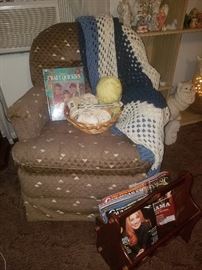 swivel chair, magazine rack, afghans, and more