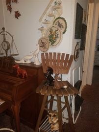 wooden swivel stool and collectibles