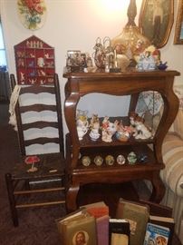 Heavy end tables, paperweights, ladder back chair, collectibles