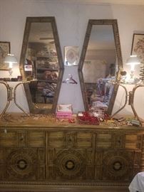 Dresser & mirrors, brass & glass tables, lamps, and jewelry!