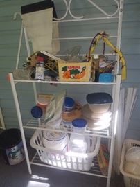White bakers rack and several miscellaneous items.