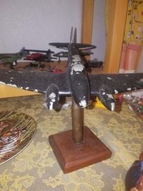 RARE FIND! Bronzart WWII era model plane. Signed PROP U.S.A.C. (U.S. Army Air Corp 1940-1). HE 111 K. (German). Stand is an old shell casing. Only known contractor Bronzart Metals Company, Brooklyn, NY.