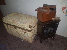 trunk, shoe shine kit, portable electric heater