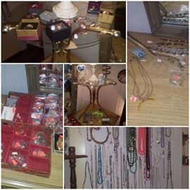 Costume jewelry and small glass/brass tables