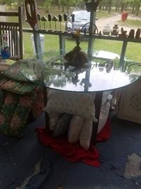 Glass top table, pillows, chair cushions, & more