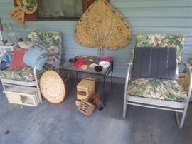 Vintage metal porch chairs, end table, and more!
