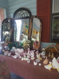 Tri-fold vintage mirror, various other collectibles