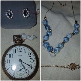 Pocket watch, rhinestone earrings, gold 