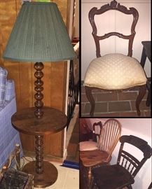Antique turned wood table floor lamp...change the shade...PLEASE!  Ha... would look great with the New Burlap shade design.... See the old chairs... some of these are 19th century...some are spindle...some are Amish.. great old chairs... take me to antique road show...these could be worth thousands :) Don't have the time so you get a good deal on these