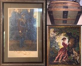 Signed original Photograph of General John Purshing, a rounded top Steamer Trunk and a large needlepoint picture.