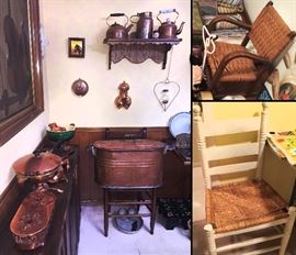 Lots of Copper ...hand Hammered...some Sweedish Meatballs you say?  Well there is a great Chafing Dish and 2 warmers and how about some Sweedish Fondue?  We have one for you!  Nice Rush bottom antique childs rocker and white side chair. Note the Large copper wash tub or Steamer tub...all copper and huge!