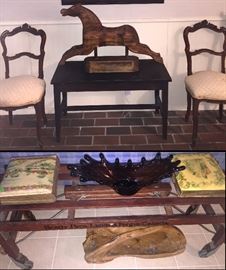 Primitive hand carved running horse is FABULOUS...!  As is the German hand carved wood chairs...as kids we could never sit on them...bottom pic is of an old Beaty Bros wash tub collapsible bench  Writing is still clear..... the glass is Art Swung..looks like a splash of oil... need a glass drop in the middle..ha!  under is an old hand carved burl bowl basket and the books are photo albums with celluloid tops ...these are Victorian
