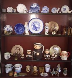 Royal Dulton Toby Mugs...there are several in the sale... Old enamel tin cups Primitive  hand painted chicken door stoop wedge and old Miniature books of Important works. Macbeth etc.
