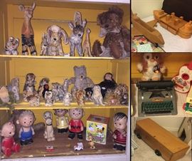 Antique Stieff Animals... the velvets are really old... and Community Playthings ride on toys... A retro Gizmo with Bruce Silverstein Button from the 80's and an old metal tom thumb typewriter... it works!