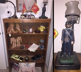 Ethan Allen Bookcase that could go over one of the dressers...has Frankoma boot Horseshoe bookends, old jeep metal army car..winston cig lighter. frankoma donkey mug..Democratic 1975..some Marble stone horse bookends,Mens kid leather Dress Gloves..military or wedding... some old marbles in a old glass top atlas jar...and some cool Diecast Muscle cars...!  Right is an Antique Civil War Solder Lamp in Cast Iron.