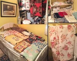 Did you say you loved Quilts?  She had 13 or more of them... Some very early from that great old fabric... lots of hand work pieces a Irish Linen Tablecloth set that has never been used with its orig box!   Note the great 50's tablecloths hanging next to that Rare red and brown  Ocean Waves Quilt...