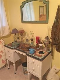 Misc Oil Lamps, old tins and a nice Distressed Dresser and Mirror