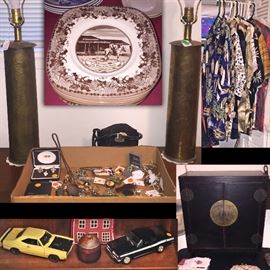 Set of Western Snack Dishes ..each one different...these are great!   Mens Jewelry in the box with lots of Fun Keychains, Cufflinks , Tie clasps, rings, and pins... fun box for the guys... The Shirts are Hawaiian...so hot right now!  The large case is japanese...covered in Leather...could be jewelry box? Great for closet for American girl Doll too.