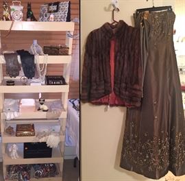How bout going to the prom in this gorg Dress!  Chocolate and all hand beaded..strapless...like new... and has a little matching wrap with it ...just in case he doesn't put his arm around you to keep you warm... Ha! Next to it is a  Real Russian Sable fur Cape...Sooo 1940's Hollywood Glam!