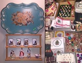 Huge hand painted tole tray... some Norman Rockwell Mugs and some delicate porcelain Lace Figurines...On the right is just a wee sampling of all the Christmas items...Old shiny brights indents and Spode misc.