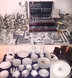 Royal Danish Sterling Tea Service and Joan of Arc Sterling Flatware service for 8... Mid Century 50's Designer Raymond Loewy Rosenthal Dinnerware Set for 10 plus serving bowls, gravies, coffee sets.  Mid Century DANISH Walnut WOOD Salad Bowl Set with matching tongs