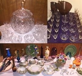 Antique German Wheel Cut Crystal Punch bowl set is Dazzling!  The pic on right is detal of a full set of  Rosenthal Mid Century Modern Goldstrahlen Crystal Stemware and another look at that wonderful Salad bowl set from the Eames Era! Note the huge Copedumonde porcelain flower basket...this is the vintage shiny ...dont make um like this anymore.