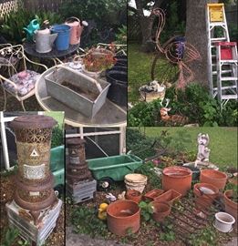Misc antique buckets and  Watering Cans and tin baskets... lots of statuary you can see... the old tractor plow out back...you will need several Swartzineggers  to lift it! The ANTIQUE Oil heater is a Perfection from the 1920's ...The 6" Pink Flamingo Planter is  for the Keeping Austin Weird People...Ha!
