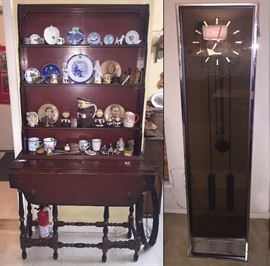 (1)Misc blue and white ceramic plates, Goebel Frier Tuck Pitcher creamer sugar and salt and pepper ...some tin Photo Buttons Enamel Cups(2) Working George Nelson for Howard Miller Grandfather Clock. 