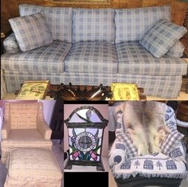 Re appolstered Couch and Side chair with ottoman  and a wonderful stained glass Clock!