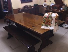 Farmers Plank Dining Table with 2 Benches and an old picnic basket with a 50's never used Hawaiian Tablecloth...great for those Mad Men Tiki Parties!