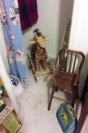 Rocking Giraffe...fun for the little ones...a quilt drape and an antique doll high Chair