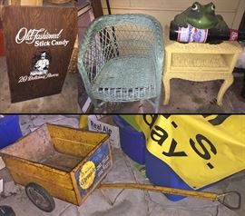 Old Fashioned Stick Candy cabinet is a genuine antique from a general store... the Frog is bud...he talks when you go buy him:) The bottom pic is a Metal Paper delivery wagon when in the 60's we as kids used to deliver newspapers in San Fran... Ha imagine that... an antique! We don't look that old...ha!