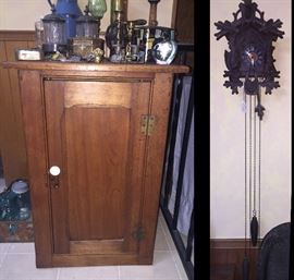 (1)Antique cabinet with porcelain handle..lots of goodies on top including old Victorian Cannister and cast Iron string dispenser....(2) German Black Forrest "the Hunter" 1 day Cuckoo Clock ..definatly works...drove me cuckoo on the half and hour.