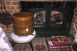 A closer look Popcorn popper for the hearth or campfire... firkin bucket and the great window sill bow mirror