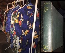 More Vintage Hawaiian shirts s m L xl . Silk & Rayon Pic on right is Large antique US Postage stamp book with stamps.