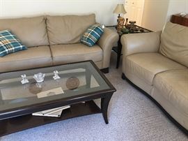 Tan Natuzzi Italian Pebbled Leather Sofa & Loveseat