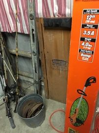 Vtg Craftsman Auto Creeper, Fishing Poles, Rods - Reels, Weed Trimmer, Horseshoes, Levels, Extension Chords, Vintage Solid Wood Ladders